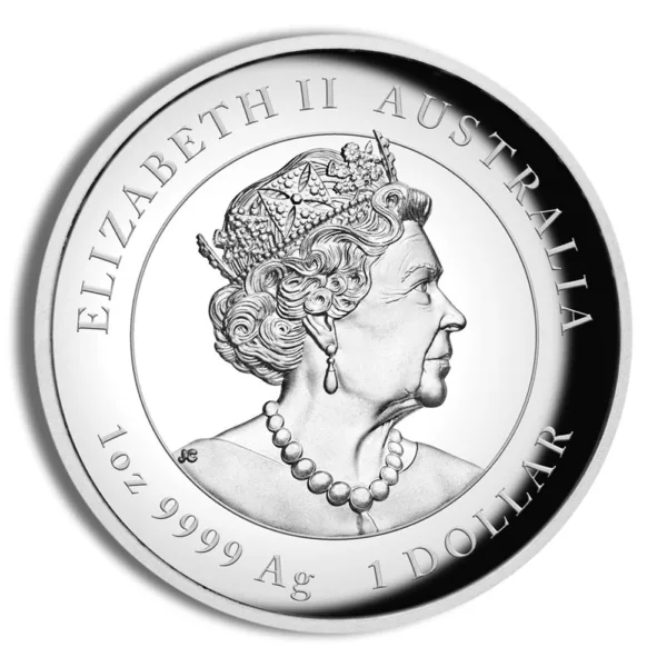 Silver coin featuring a profile of Queen Elizabeth II, inscribed with "Elizabeth II Australia," "1 oz 9999 Ag," and "1 Dollar," symbolizing Australian currency and precious metal investment.