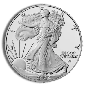 Silver American Eagle coin featuring Lady Liberty, designed by Adolph A. Weinman, with the year 2024 inscribed, symbolizing freedom and American heritage.