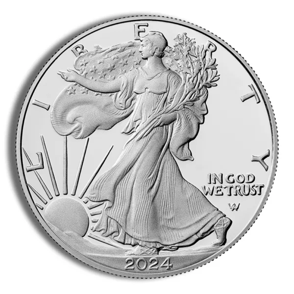 Silver American Eagle coin featuring Lady Liberty, designed by Adolph A. Weinman, with the year 2024 inscribed, symbolizing freedom and American heritage.