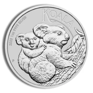 Silver coin featuring a detailed design of a koala and its joey on a tree branch, highlighting Australian wildlife and minting craftsmanship.