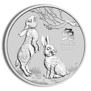 Silver coin featuring two rabbits, symbolizing the Year of the Rabbit, with intricate designs and the year 2023 inscribed. Ideal for collectors and enthusiasts of zodiac-themed currency.