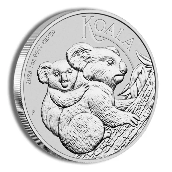 Silver coin featuring a detailed design of a koala and its joey, representing Australian wildlife, dated 2023. Ideal for collectors and investors in precious metals.