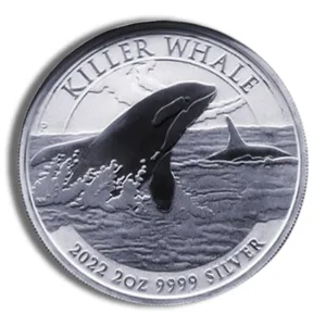 2022 Killer Whale silver coin featuring a detailed design of a killer whale breaching the water, made of 2 oz of 9999 fine silver.