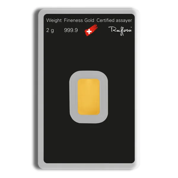 2g gold bar with 999.9 fineness, certified by a Swiss assayer, displayed in an elegant packaging by Rufferi.