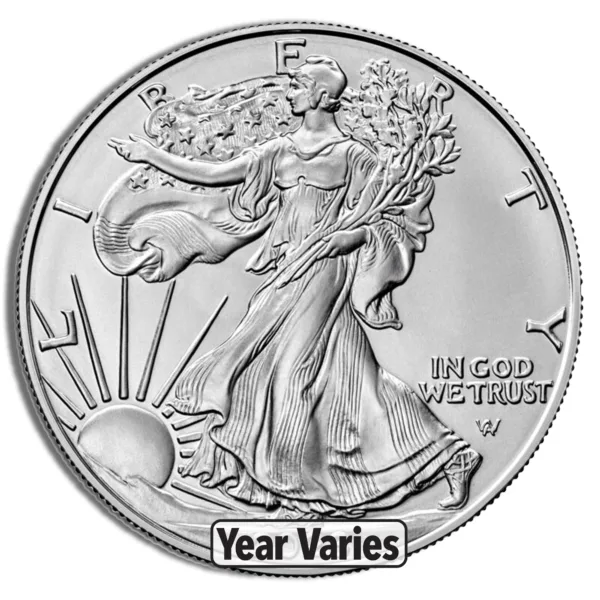 Silver American Eagle coin featuring Lady Liberty design, with "In God We Trust" inscription and varying year of minting. Ideal for collectors and investors in precious metals.