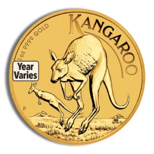 Gold Kangaroo coin featuring a design of two kangaroos in a natural landscape, with inscriptions indicating its weight of 1 oz and purity of .9999 gold. The year of issue varies.