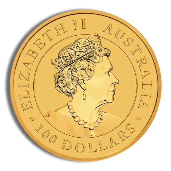 Gold coin featuring a profile of Queen Elizabeth II, inscribed with "Elizabeth II Australia" and "100 Dollars," representing Australian currency and commemorative value.
