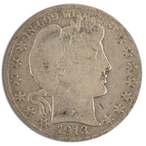 Barber silver coin from 1914 featuring a profile of Liberty, surrounded by 13 stars and the inscription "In God We Trust." Ideal for collectors and numismatists.