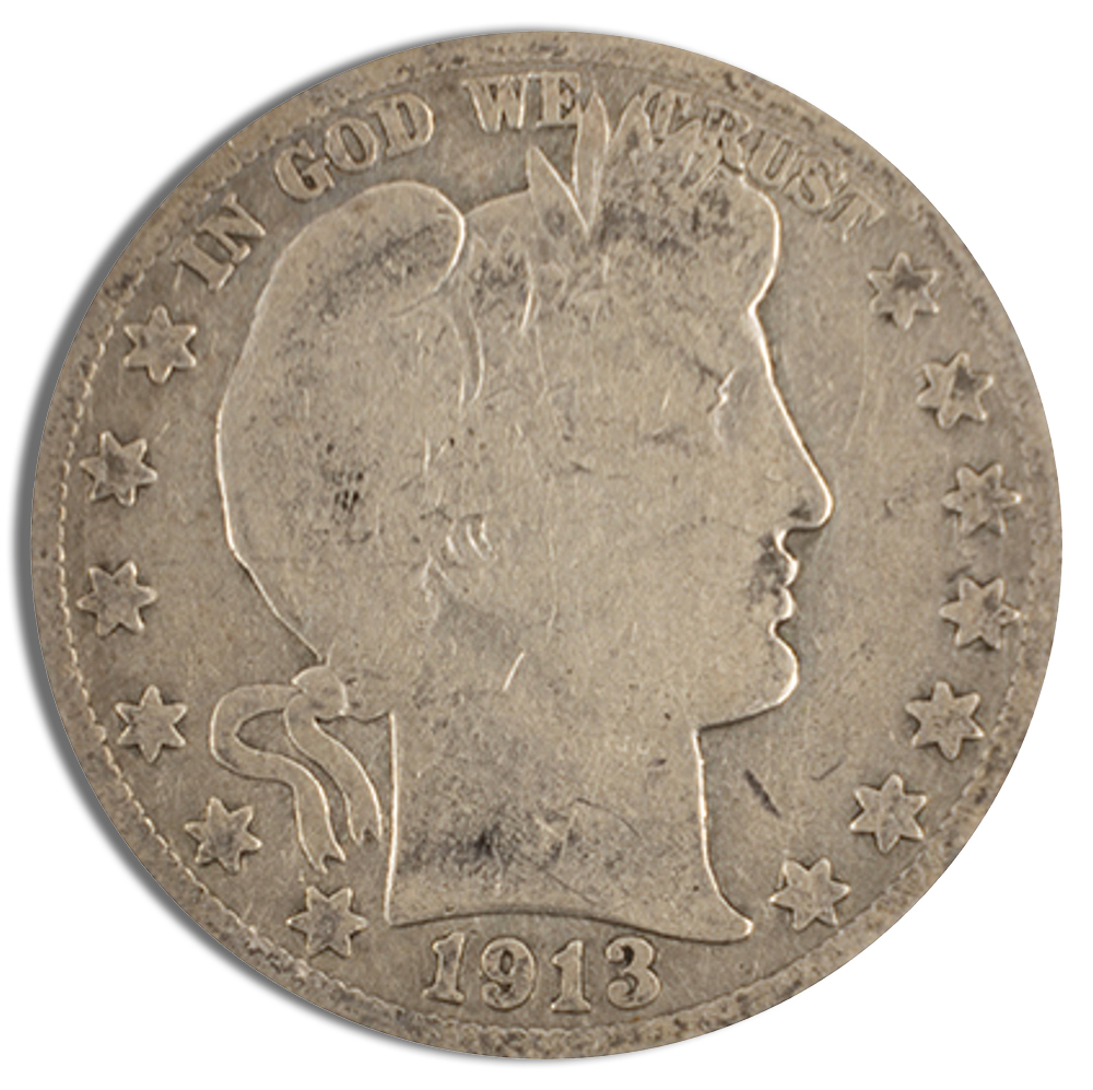 Barber silver coin from 1914 featuring a profile of Liberty, surrounded by 13 stars and the inscription "In God We Trust." Ideal for collectors and numismatists.