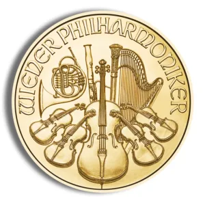 Gold coin featuring musical instruments and the text "Wiener Philharmoniker," representing the Vienna Philharmonic Orchestra.