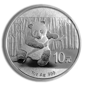 Silver coin featuring a panda design, with the denomination of 10 yuan and a background of bamboo, showcasing intricate detailing and a polished finish.