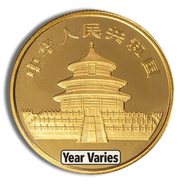 Gold commemorative coin featuring the Temple of Heaven, inscribed with Chinese characters and the year of minting.