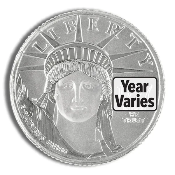 Silver American Eagle coin featuring the Statue of Liberty design, with the text "Year Varies" indicating different minting years available for collectors.