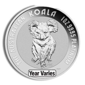 Australian Koala platinum coin featuring a detailed depiction of a koala, with inscriptions indicating its weight of 1 oz and purity of 999.5 platinum. The design highlights the iconic Australian wildlife and varies by year.