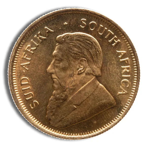 Gold South African coin featuring a profile of Paul Kruger, with inscriptions "SUID-AFRIKA" and "SOUTH AFRICA."