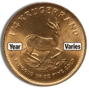 Golden 1/4 oz Krugerrand coin featuring a springbok design, with inscriptions indicating "Year" and "Varies," highlighting its collectible nature and gold content.