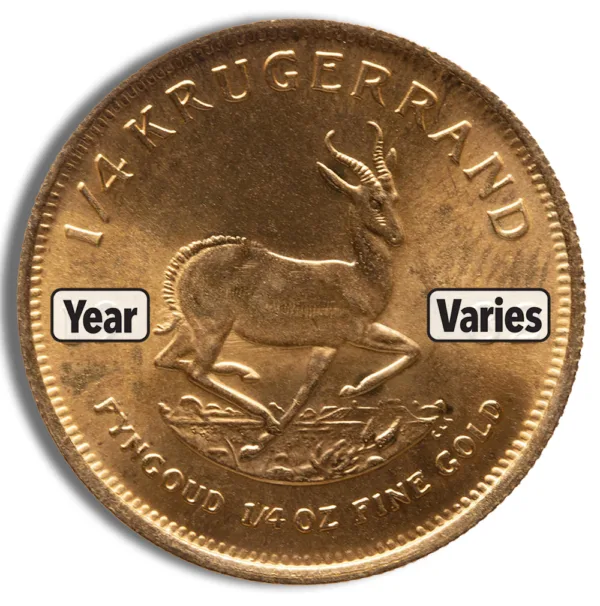 Golden 1/4 oz Krugerrand coin featuring a springbok design, with inscriptions indicating "Year" and "Varies," highlighting its collectible nature and gold content.