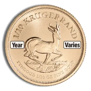 Gold Krugerrand coin featuring a springbok antelope design, with text indicating the year varies. Ideal for collectors and investors in precious metals.