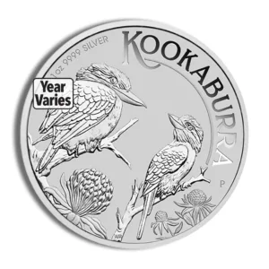 Silver Kookaburra coin featuring two kookaburra birds perched on a branch, with intricate detailing and the inscription "Kookaburra." The coin's design varies by year, showcasing Australia's wildlife.