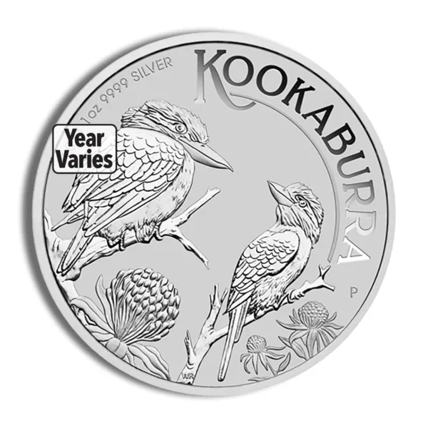 Silver Kookaburra coin featuring two kookaburra birds perched on a branch, with intricate detailing and the inscription "Kookaburra." The coin's design varies by year, showcasing Australia's wildlife.