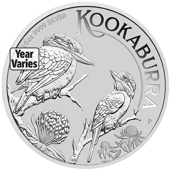 Silver Kookaburra coin featuring two Kookaburra birds perched on a branch, with intricate detailing and the inscription "KOOKABURRA." The design highlights Australian wildlife and is part of a collectible series, with the year of minting varying.
