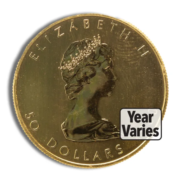 Gold coin featuring a profile of Queen Elizabeth II, inscribed with "40 DOLLARS" and "ELIZABETH II," with a note indicating that the year varies.