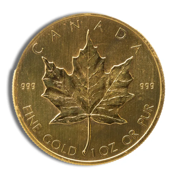 Gold Canadian Maple Leaf coin featuring a detailed maple leaf design, stamped with "CANADA" and "FINE GOLD 1 OZ OR PUR" along the edges.