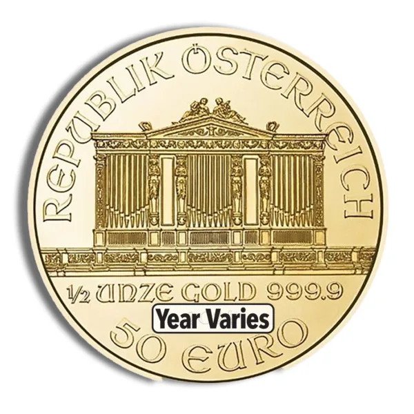 Gold coin from Austria, featuring "Republik Österreich," 50 Euro denomination, and "1/2 Unze Gold 999.9" inscription. Year of minting varies.