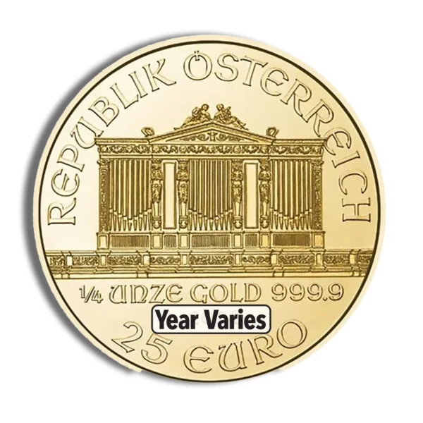 Austrian 25 Euro gold coin featuring a detailed depiction of the Vienna Philharmonic, marked as 1/4 ounce gold with a purity of 999.9. Year of minting varies.
