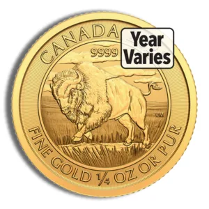 Gold Canadian Buffalo coin featuring a detailed bison design, made of 1/4 oz fine gold with a purity of 9999. Year of minting varies.