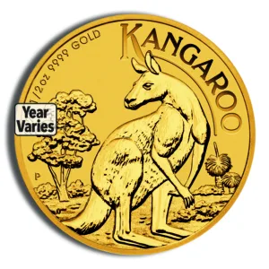 Gold Kangaroo coin featuring a detailed kangaroo design, 1 oz fine gold, with the inscription "KANGAROO" and a label indicating that the year varies.