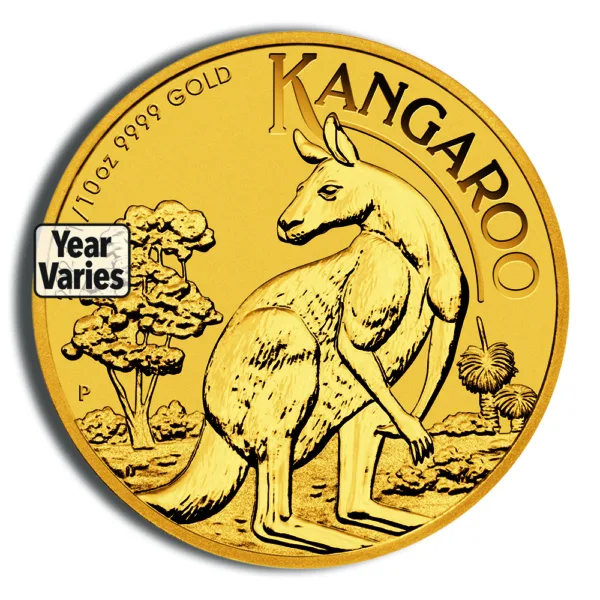 Gold Kangaroo coin featuring a detailed kangaroo design, 1 oz of 9999 pure gold, with a label indicating that the year may vary. Ideal for collectors and investors in precious metals.