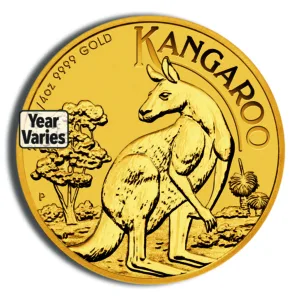Gold Kangaroo coin featuring a detailed kangaroo design, minted from 99.99% pure gold, with a note indicating that the year of minting varies. Ideal for collectors and investors in precious metals.