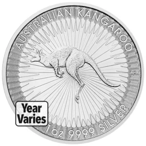 Australian Kangaroo silver coin featuring a leaping kangaroo design, marked with "1 oz 9999 SILVER" and varying year inscription. Ideal for collectors and investors in precious metals.
