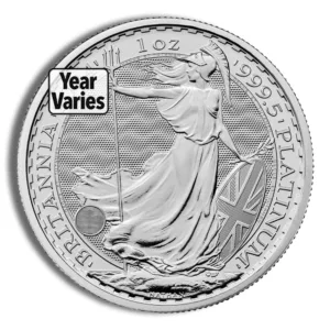 Platinum Britannia coin featuring a detailed depiction of a female figure, symbolizing freedom, with the inscription "1 oz 1995 Platinum" and a note indicating that the year varies. Ideal for collectors and investors in precious metals.