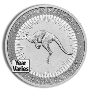 Australian Kangaroo platinum coin featuring a kangaroo design, surrounded by radiant lines, with a label indicating that the year may vary.