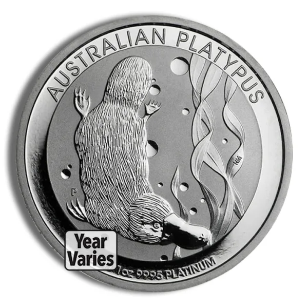 Australian Platypus coin featuring an intricate design of the platypus swimming among aquatic plants, with the year of minting varying. Ideal for collectors and enthusiasts of Australian wildlife.