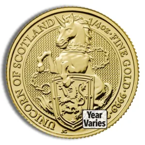 Gold coin featuring the unicorn of Scotland, weighing 1/40 oz and made of 999.9 fine gold, showcasing intricate designs including a heraldic shield and the inscription "Unicorn of Scotland." Year of minting varies.