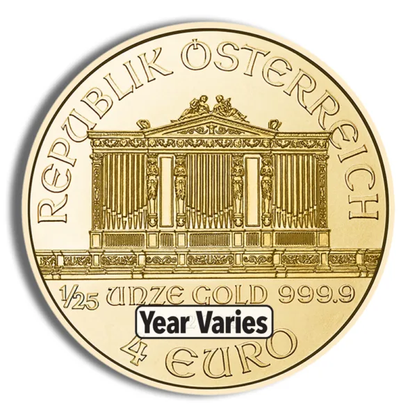 Austrian gold coin featuring the inscription "Republik Österreich," with an image of the Austrian Parliament building, weighing 1/4 ounce and made of 999.9 fine gold. Year of minting varies.