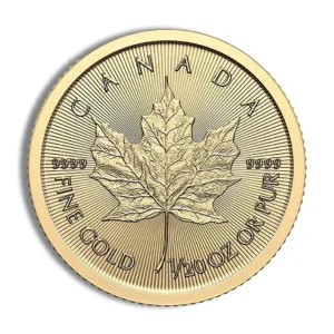 Gold Canadian Maple Leaf coin featuring a detailed maple leaf design, marked with "Canada," "Fine Gold," and "1/2 oz or pur." Ideal for collectors and investors in precious metals.