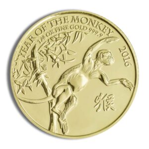 Gold coin celebrating the Year of the Monkey, featuring an intricate design of a monkey climbing a tree, minted in 2016, with a weight of 1/4 oz and a purity of 999.9 fine gold.