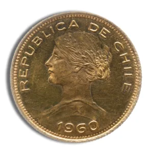 Gold coin from Chile, minted in 1960, featuring a profile of a woman and the inscription "Republica de Chile."