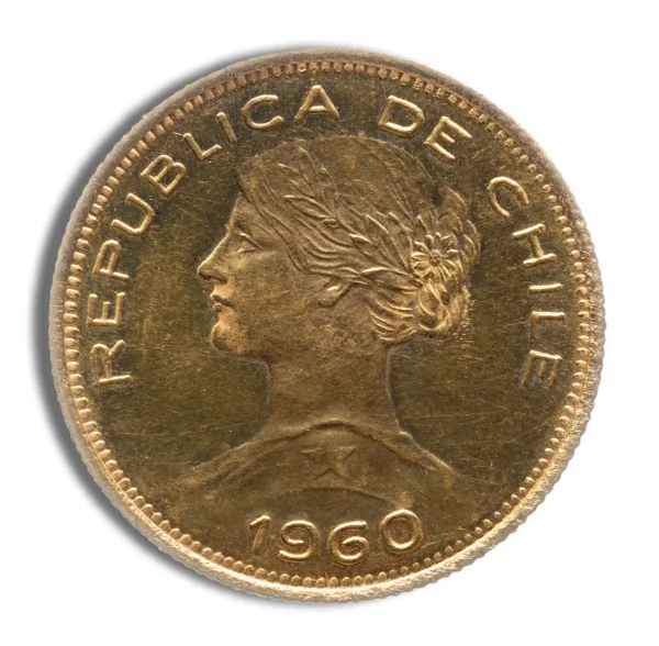 Gold coin from Chile, minted in 1960, featuring a profile of a woman and the inscription "Republica de Chile."