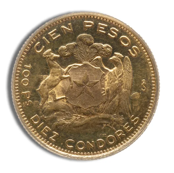 Gold 100 pesos coin featuring the national emblem of Mexico, known as "Cien Pesos Diez Condores," symbolizing Mexican heritage and currency.