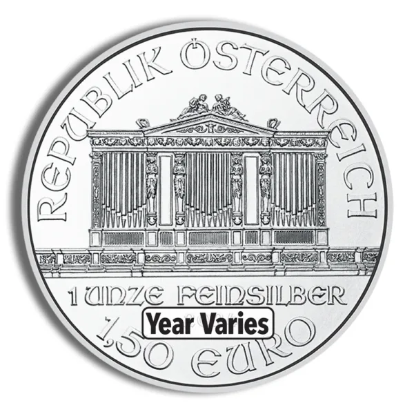 Austrian silver coin featuring the iconic Vienna Philharmonic design, with inscriptions in German. The coin contains 1 ounce of fine silver and has a face value of 1.50 euros. Year of minting varies.
