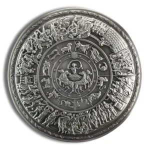 Astrological zodiac plate featuring intricate relief designs of zodiac signs and mythological figures, showcasing the twelve astrological symbols arranged in a circular pattern, crafted in silver-toned metal.