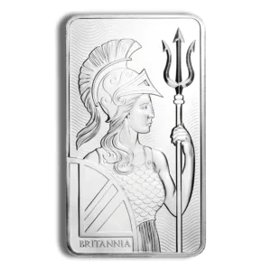 Silver bar featuring an intricate design of Britannia, the personification of Britain, holding a trident and shield, showcasing fine craftsmanship and detailing.
