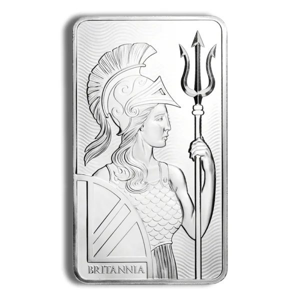 Silver bar featuring an intricate design of Britannia, the personification of Britain, holding a trident and shield, showcasing fine craftsmanship and detailing.