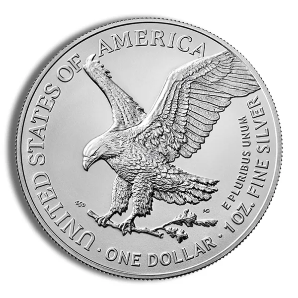 Silver American Eagle coin featuring an eagle design, inscribed with "United States of America," "One Dollar," and "1 oz Fine Silver." Ideal for collectors and investors in precious metals.