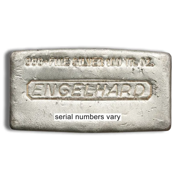 Engelhard silver bar with visible branding and text indicating varying serial numbers, ideal for investment and collection purposes.